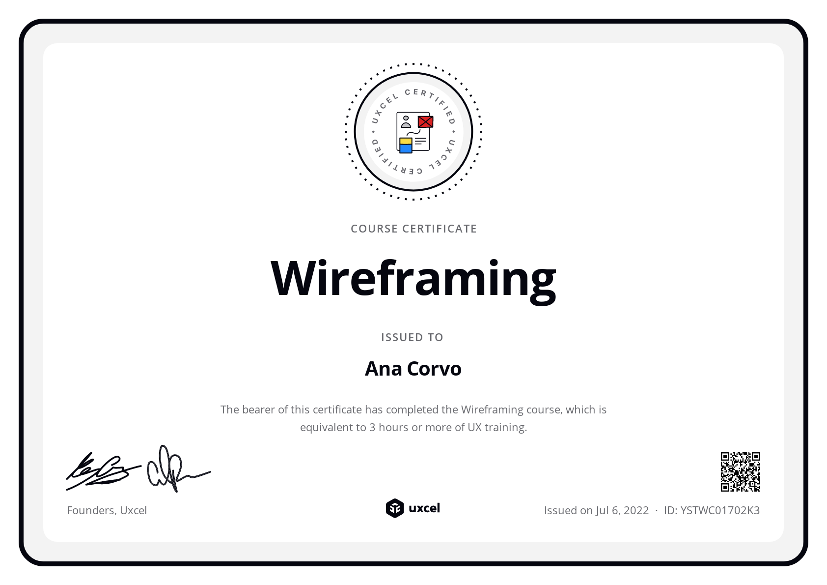 Ana Corvo's certificate